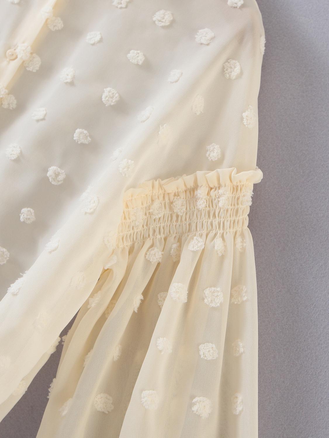 Romantic See through 3D Dot Chiffon Shirt Beige Retro Woman Stitching Elastic Lantern Long sleeve Blouse Sweet Tops Blousas 210429