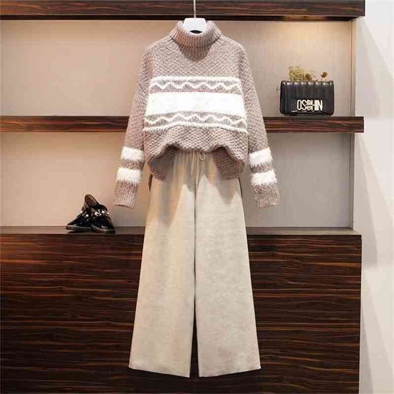 Fashion Casual Warm Turtleneck Mohair Trim Striped Sweater and High waist Elastic Wide leg Woolen Pants 2 Piece Sets Women 210602, Blue
Fashion Casual Warm Turtleneck Mohair Trim Striped Sweater and High waist Elastic Wide leg Woolen Pants 2 Piece Sets Women 210602, Blue