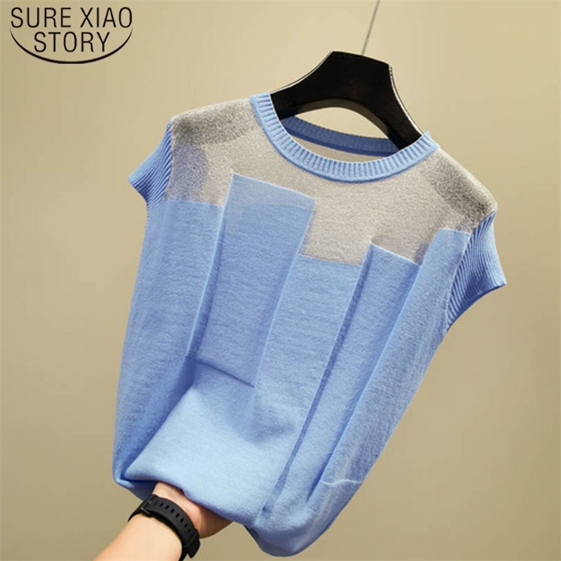 Korean Patchwork Ice Silk Knitted Tops Summer Short Sleeve Women Shirt Blusas Mujer De Moda Fashion Thin Blouse 8796 50 210506