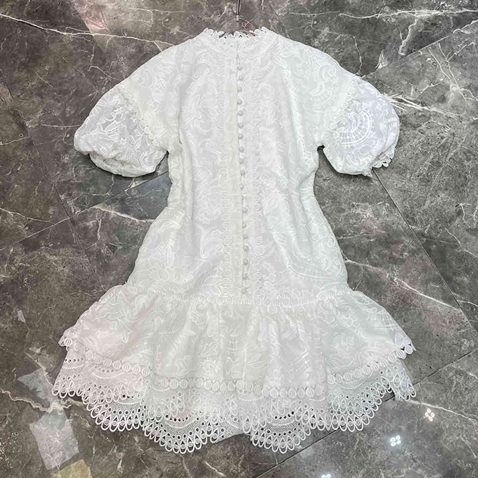 Free Summer White Printed Dress Women's Elegant Lantern Sleeve Single-breasted A-line Club Party Vestido 210524