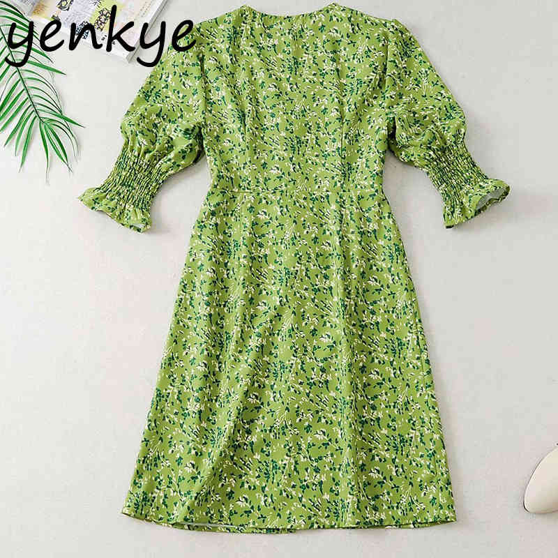 Green Floral Print Women Short Sleeve V Neck Slim A-line Mini Elegant Lady Party Summer Dress vestidos DJF9102 210515