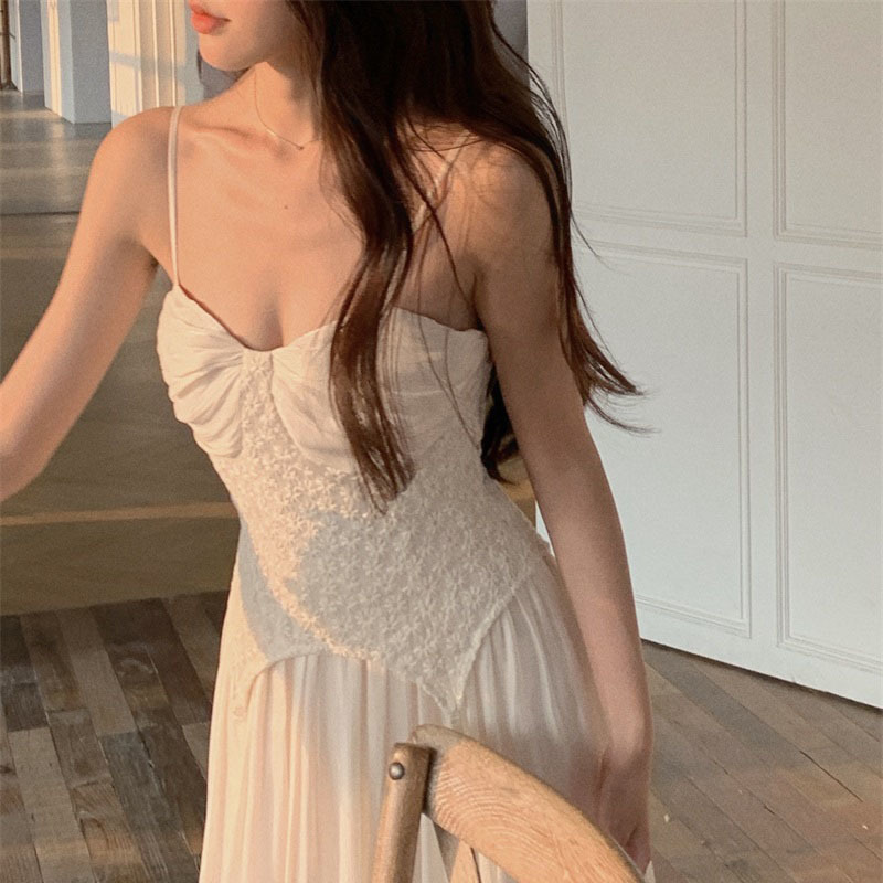 Elegant Camisole Dress Vintage Women Sexy High Waist Folds Fairy Strap Dress Evening Party Summer Dress Korean 210521