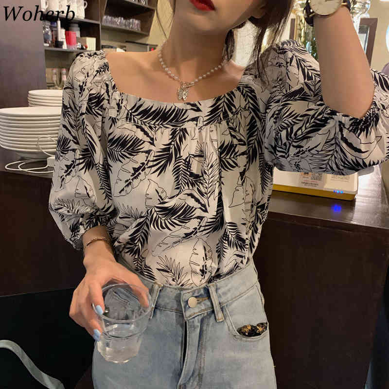 Leaf Printed Chiffon Shirt Women Square Collar vintage Blouses Loose Puff Sleeve Korean Tops Slim Thin Temperament Blusas 210519