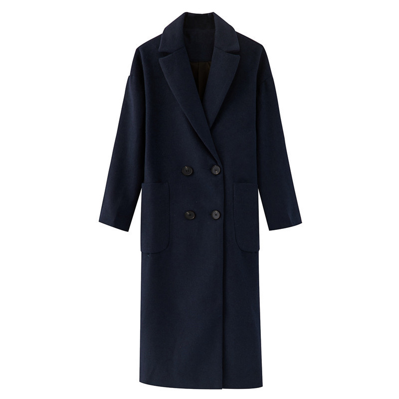 Evfer Women Casual Double Breasted Winter Thick Woolen Long Coats Office Lady Fashion Sleeve Solid Straight Outwear Chic 210421