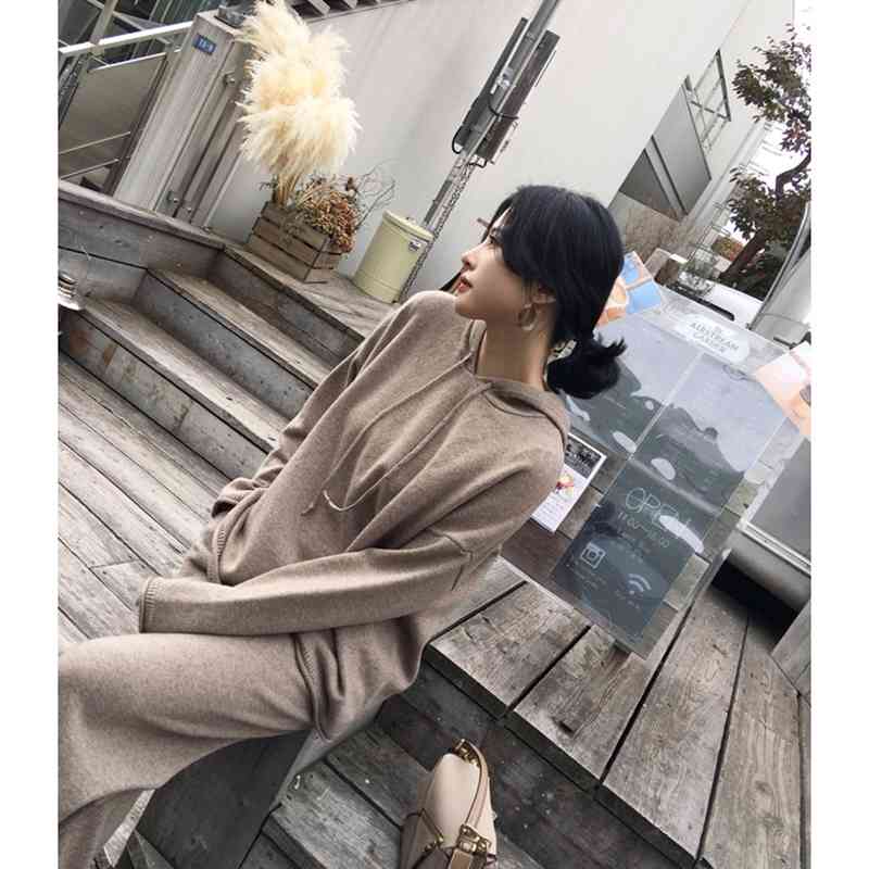 Two Piece Set Women Clothing Winter Knitted Warm Hooded Sweater+High Waist Wide Leg Pants Suit 210520