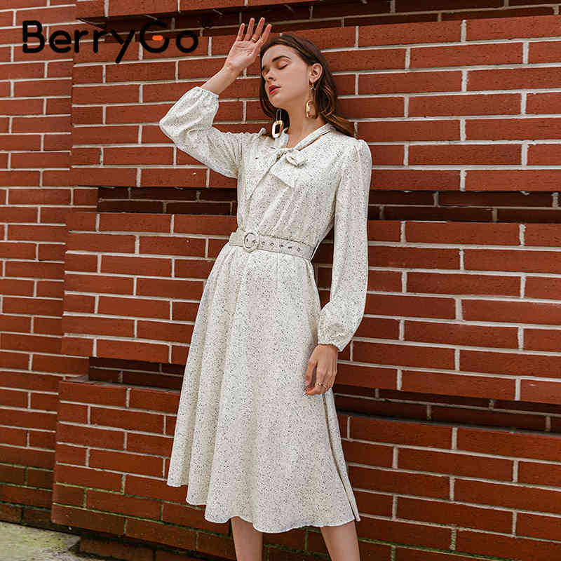 BerryGo Polka dot black elegant dress women Lantern sleeve tie neck long dresses spring A-line office ladies party dress vestido 210409