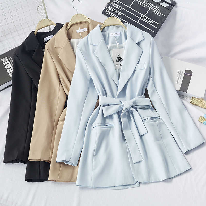 LY VAREY LIN Autumn Winter Women Suit Jackets Tailored Collar Sashes Tie Up Pockets Single Breasted Blue Slim Outerwear 210526