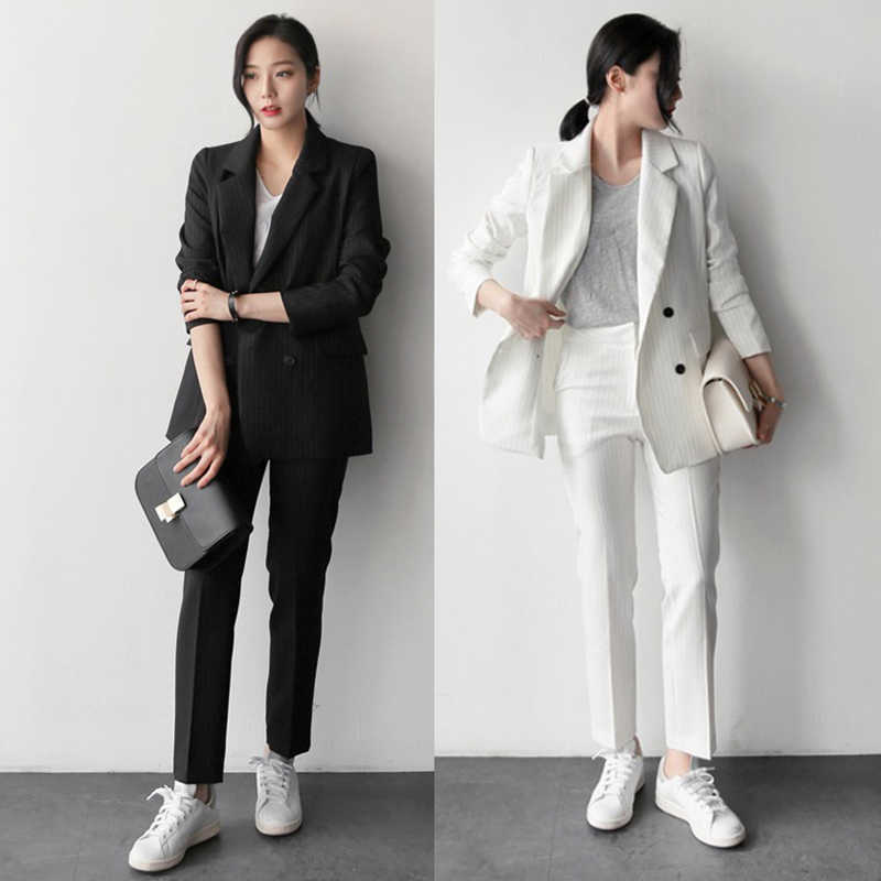 Work Fashion Pant Suits 2 Piece Set for Women Striped Blazer Jacket & Trouser Office Suit Lady Formal 210930