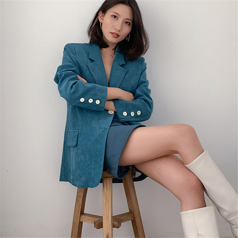 Loose Plus Size S-XL Femme Solid All Match Vintage Jackets Blue Retro Fashion Streetwear OL Oversize Blazers 210421