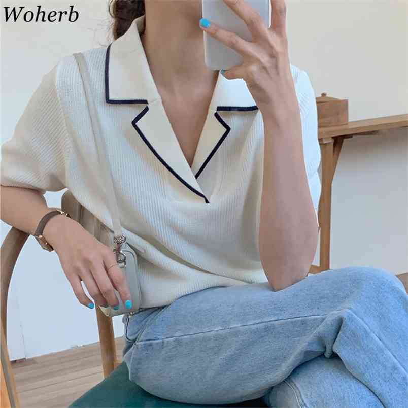 Summer Knitted Pullover Shirts Korean Turn Down Collar Contrast Color Loose Thin Casual Short Sleeve Tops White 210519, Apricot
Summer Knitted Pullover Shirts Korean Turn Down Collar Contrast Color Loose Thin Casual Short Sleeve Tops White 210519, Apricot