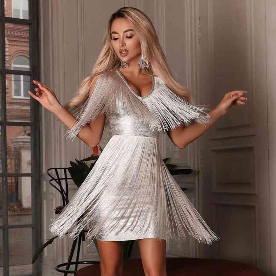 Summer Women Silver Tassel Sleeveless Bandage Dress Sexy Deep V Neck Tank Mini Club Celebrity Runway Party 210423