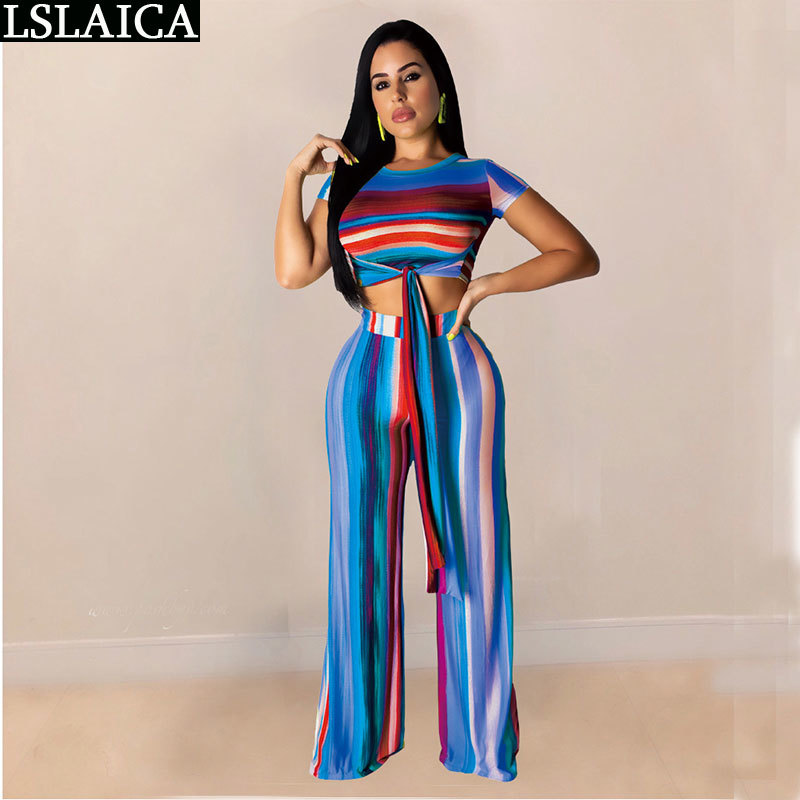 Two Piece Set Women Crop Top Lacing&Long Pant Color Print Casual Sexy 2 Plus Size African 2 s Womens Outfits 210520