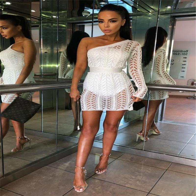 Women Autumn Clothes One Shoulder Single Long Sleeve Sexy Slim Knit Dress Clubwear Casual Outfit Regular Size Pullover Dresses