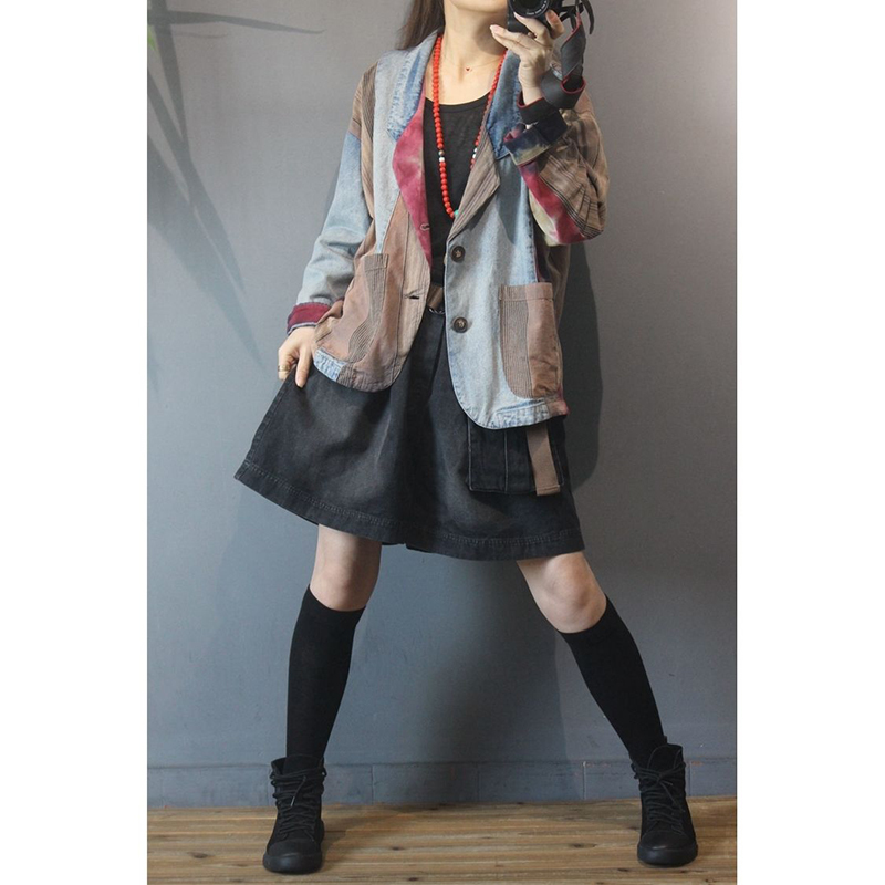 Spring Autumn Arts Style Women Long Sleeve Loose Vintage Blazers Double Pocket Cotton Denim Patchwork Blazer Femme Coat M179 210512
