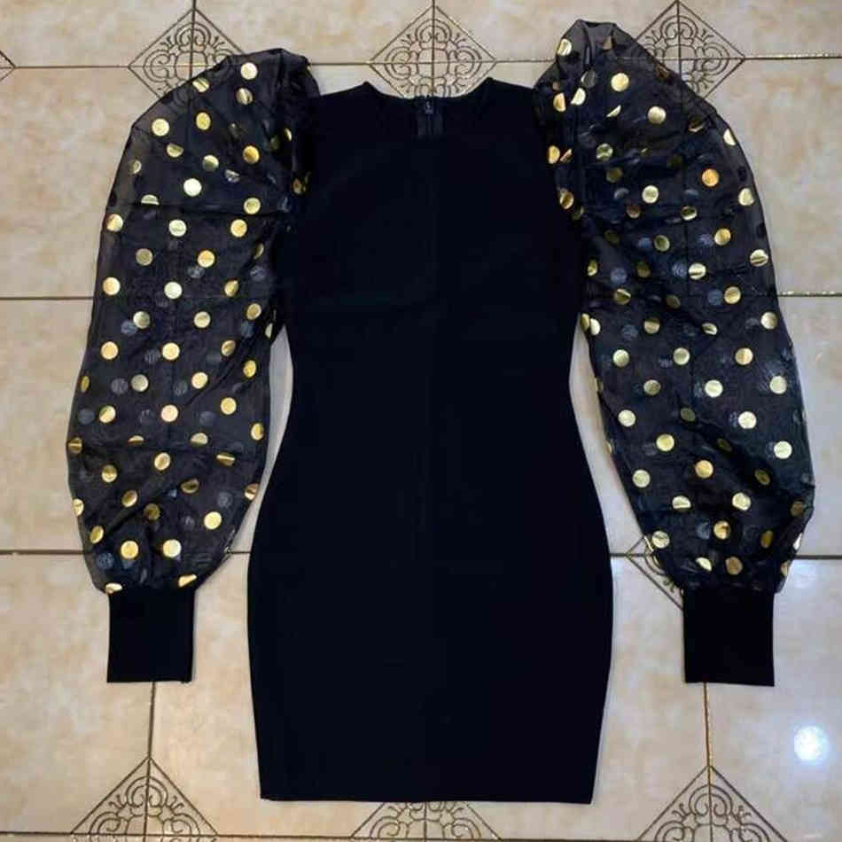 Free Women Black Puff Sleeve Mini Dress Runway Women's Elegant Bandage Bodycon Club Party Vestidos 210524