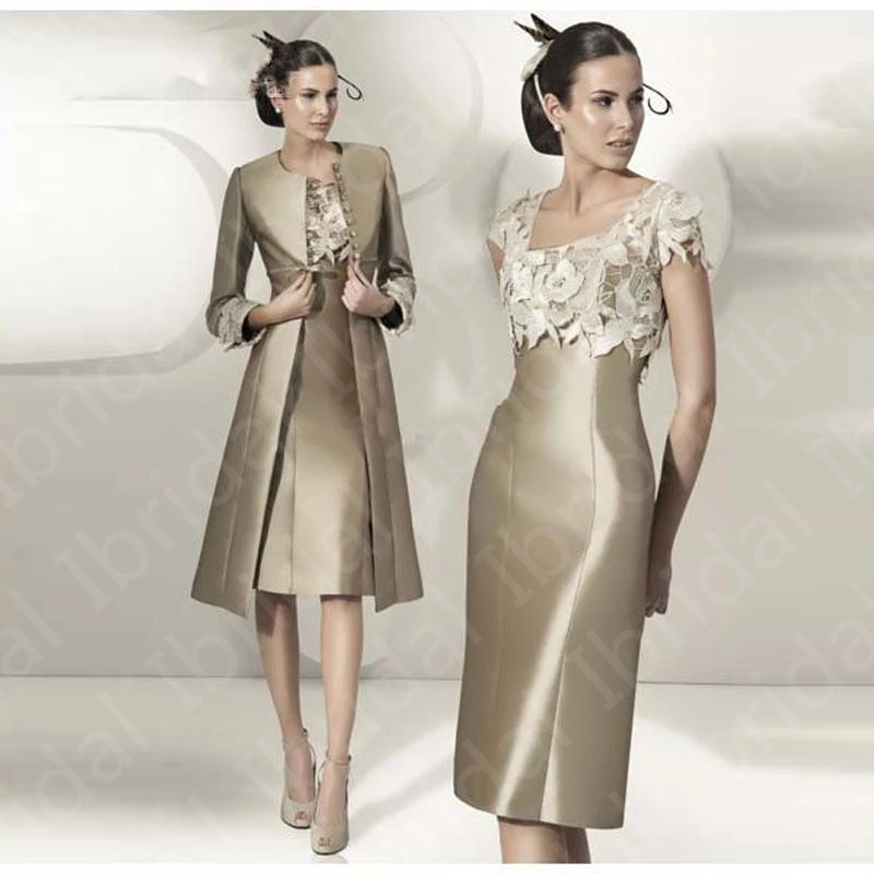 Exquisite Bronze Square Mother's Neckline Flowers Short Sleeve Mother of the Bride Dresses with Jacket Wedding Party Gowns Knee Length