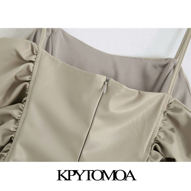 Women Chic Fashion Draped Faux Leather Mini Dress Back Zipper Thin Straps Female Dresses Vestidos Mujer 210420