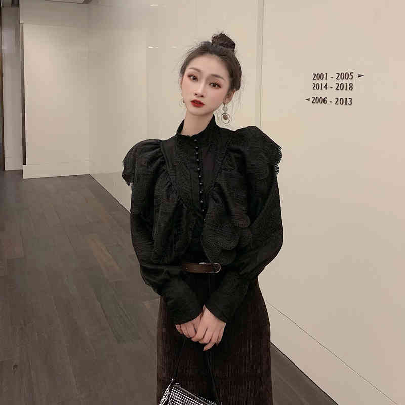 Spring Ruffles Lace Blouse Women's Stand Collar Lantern Sleeve Elegant Vintage Fashion Office OL Shirt 210519
