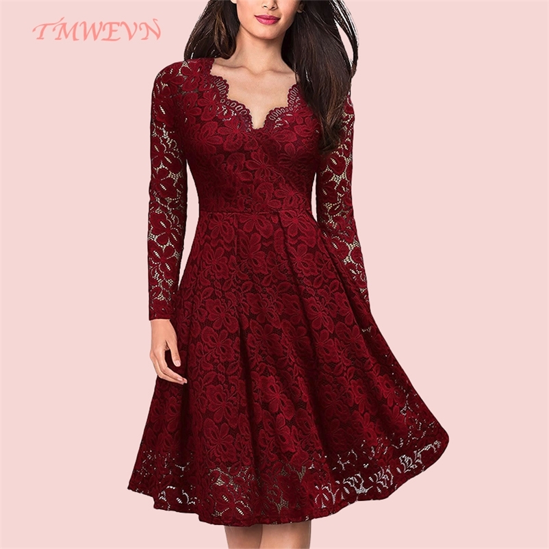 Women Dresses V-Neck Off Shoulder Lace Evening Party Dress Long Sleeve Dress Spring Autumn Vestido Invierno Mujer 210409