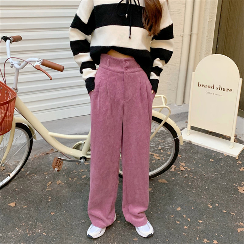 Pink Women Corduroy Bottom OL Solid Loose Thicken Straight High Waist Plus Size Chic Pants Casual Trousers Femme 210421