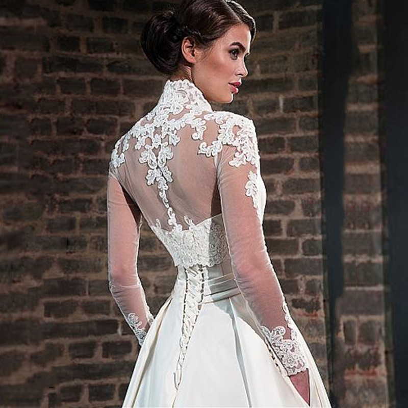Elegant Wedding Dresses Deep V-neck Long-sleeves Belt Custom made Appliqued Lace Bridal Gowns Glitter Sweep Train Robes De Mariée