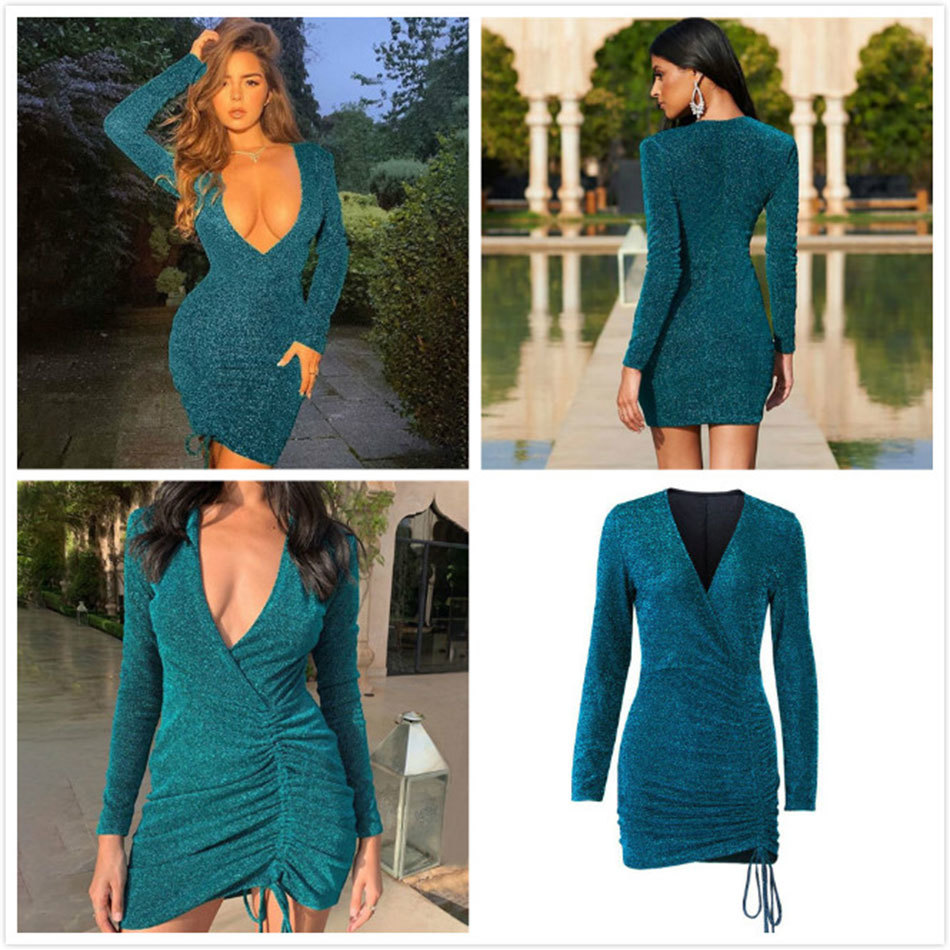 Free Sexy Shiny Dress Women's Green V-Neck Drawstring Irregular Draping Bodycon Nightclub Party Mini Dressts 210524