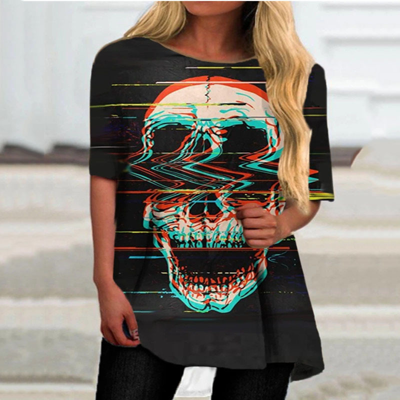 Ladies Summer Pure Color T-shirt Skull Print Half Sleeve Round Neck Turtleneck Irregular Top Fashion Casual Loose Short Sleeve 210515