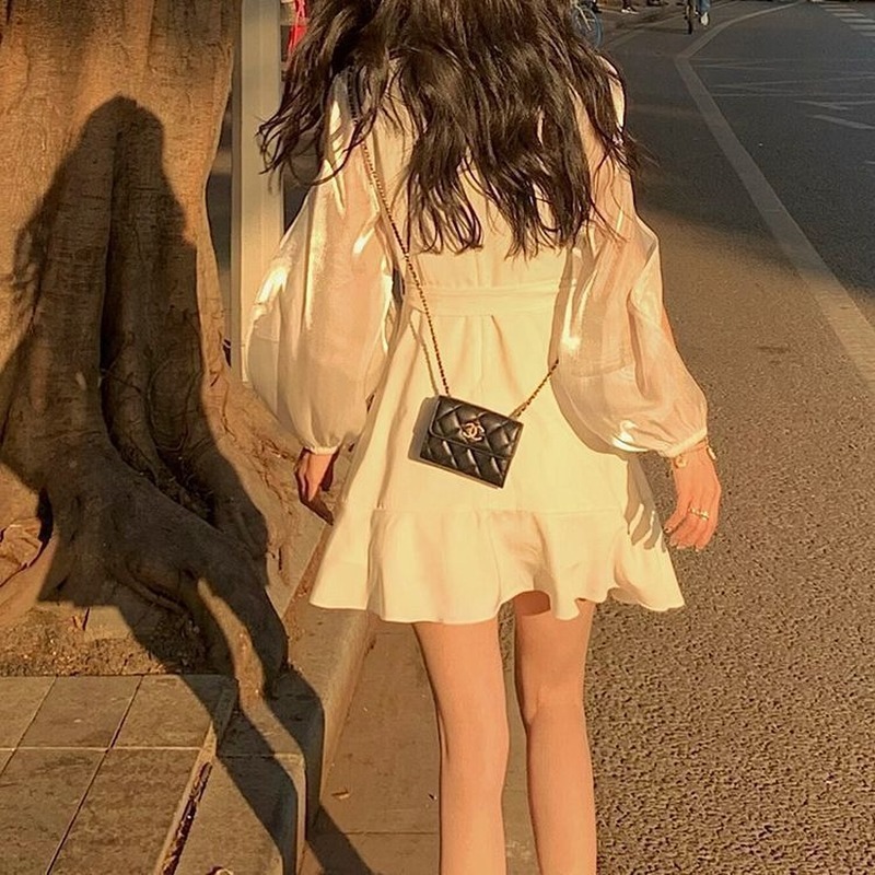 Summer Elegant Mini Dress Woman Dress Korean Elegant Party Beach Dress Female Lantern Sieeve Office Lady V-Neck 210521