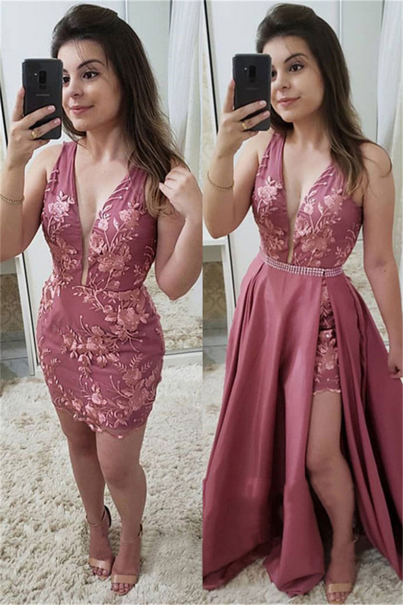 2021 Two Pieces Detachable Train Evening Dress V Neck Lace Appliques Pearls Prom Gowns Short Girls Formal Party Dress