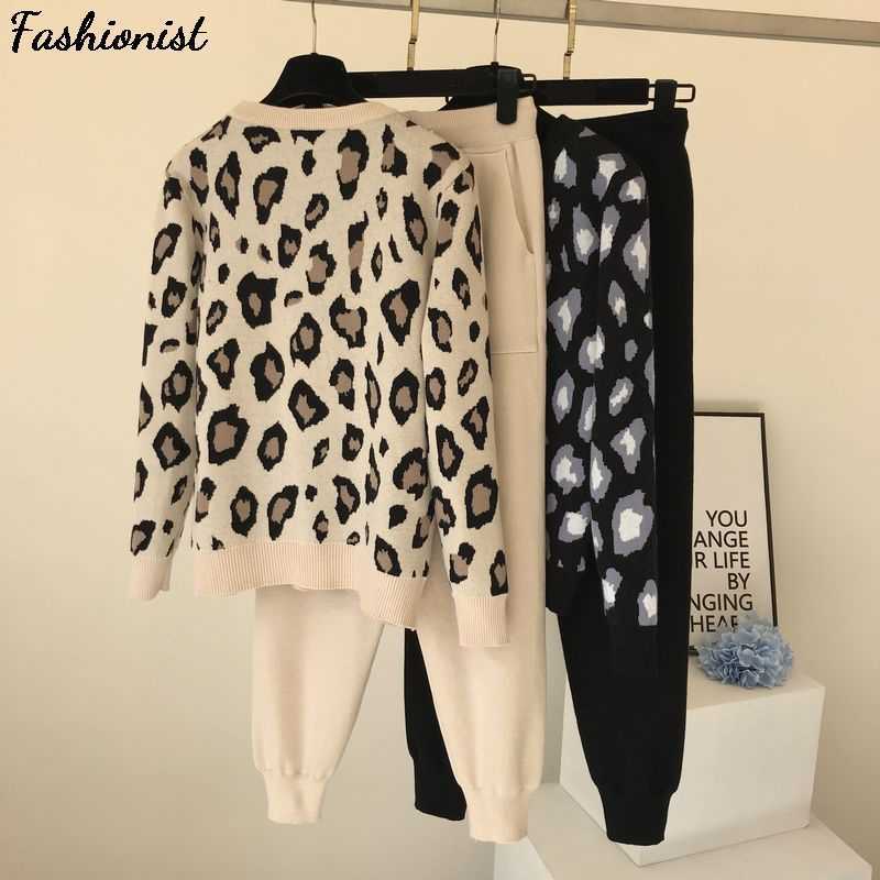 Women Knit Leopard Pullover Sweaters+Pants Sets Woman Fashion Jumpers Trousers 2 PCS Costumes Outfit 210709
