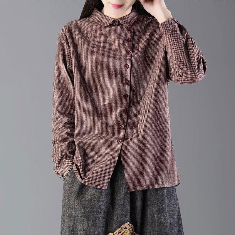 Spring Women Shirt Plus Size Long Sleeve Casual Ladies Tops Cotton Plaid Turn-down Collar Vintage Blouse Shirts D7 210512