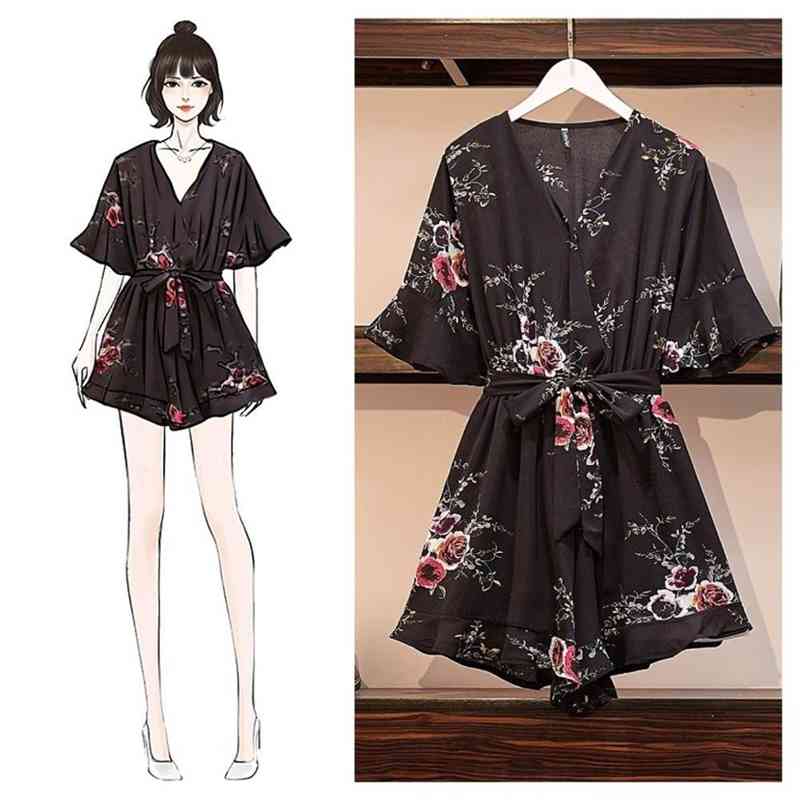 Women Sexy Flare Sleeve Floral Print Rompers Summer V-Neck Belt Beach Short Jumpsuit Casual Female Loose Plus Size Romper L-4XL 210515