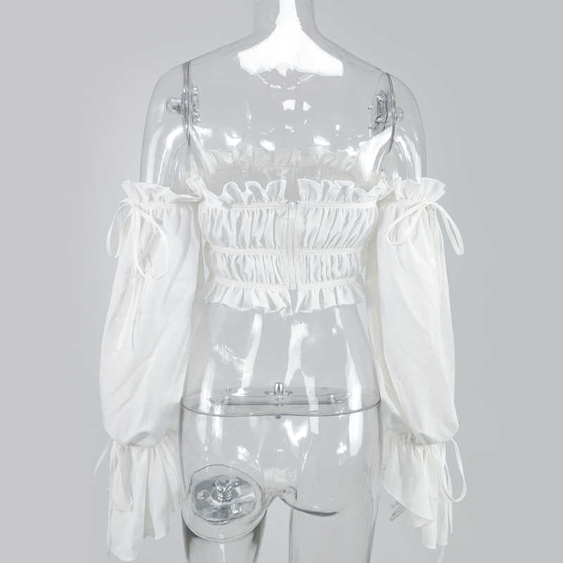 Colysmo White Ruched Blusas Women Sweet Off Shoulder Ruffles Butterfly Sleeve Vintage Tops Sexy Summer Chiffon Crop Top 210527