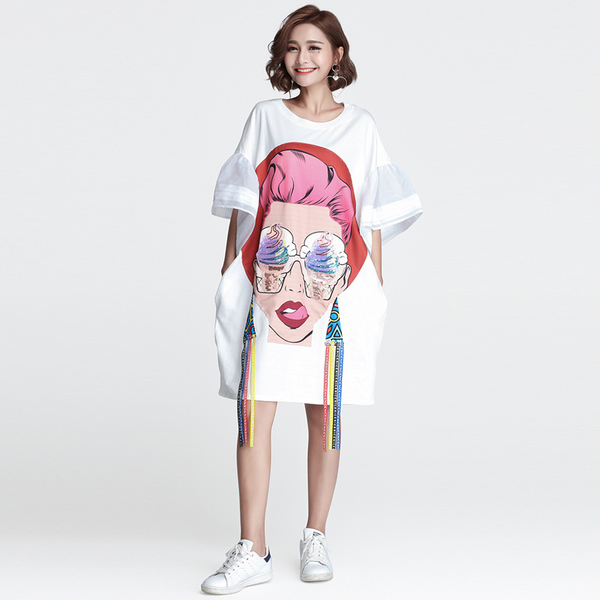 High Quality Summer Women Cartoon Sequin Dress Girl Print Dresses Loose Casual Tassel flare sleeve T Shirt Dress 210518