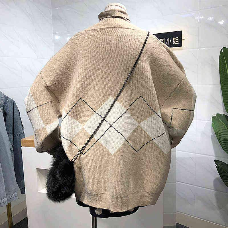 BETHQUENOY Sweter Casacos Femininos Inverno Argyle Cardigan Sweater Women Winter Clothes V-Neck Sueters De Mujer Pull Femme 211117