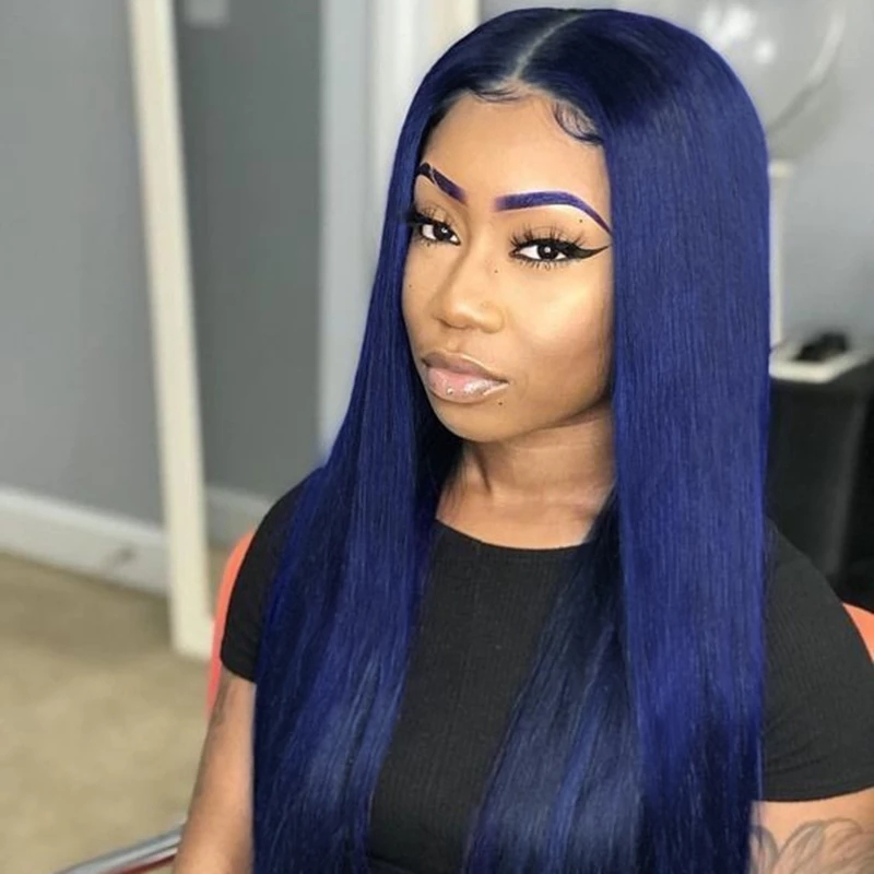 Free shipping Natural soft dark blue Straight synthetic lace front wig Pre Plucked middle part for black women