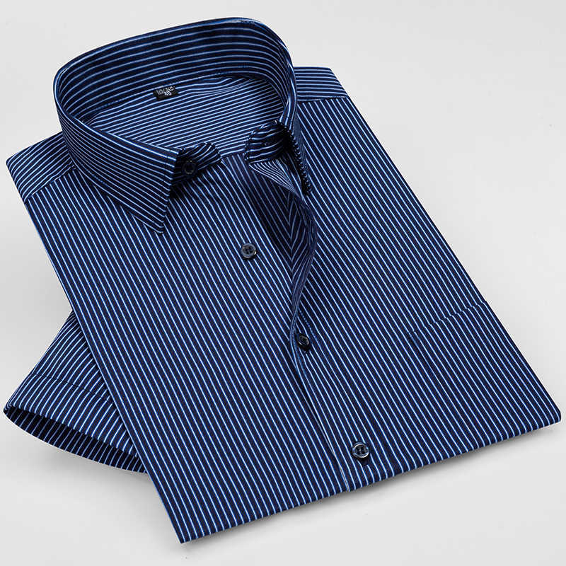 summer short sleeve striped regular fit non-iron easy care business men shirts no fade no shrink with chest pocket 210714