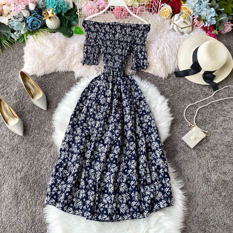 Bohe Floral Dress Women Sexy Off Shoulder Spring Summer Vestidos Short Sleeve High Waist Stretch Dresses 210521
