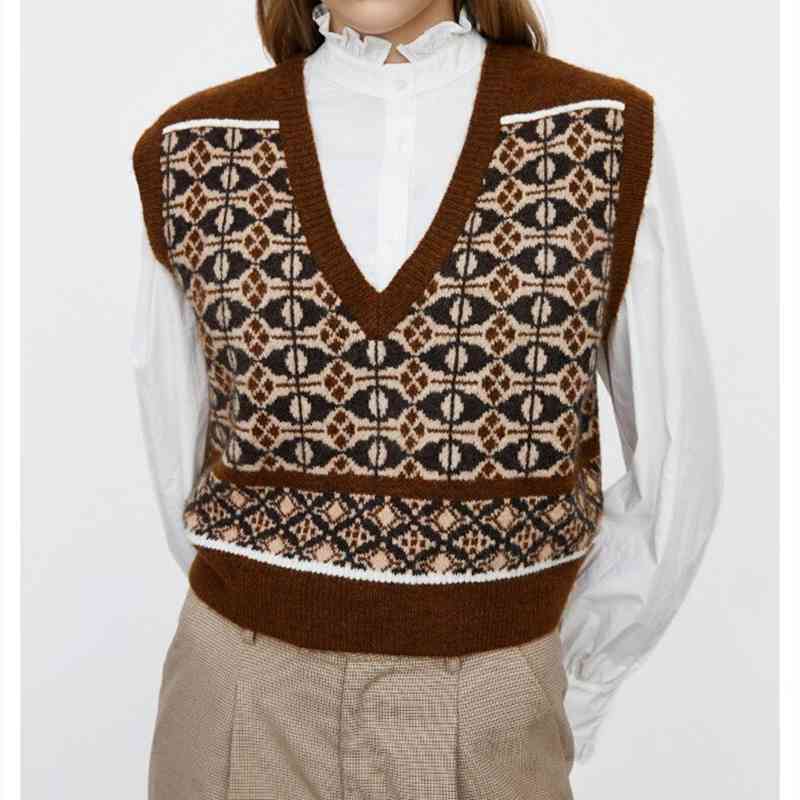 Fall Winter Vintage Korean College Style Argyle V-neck Loose Sleeveless Pullover Knit Sweaters Vest Jumper Top For Woman 210508