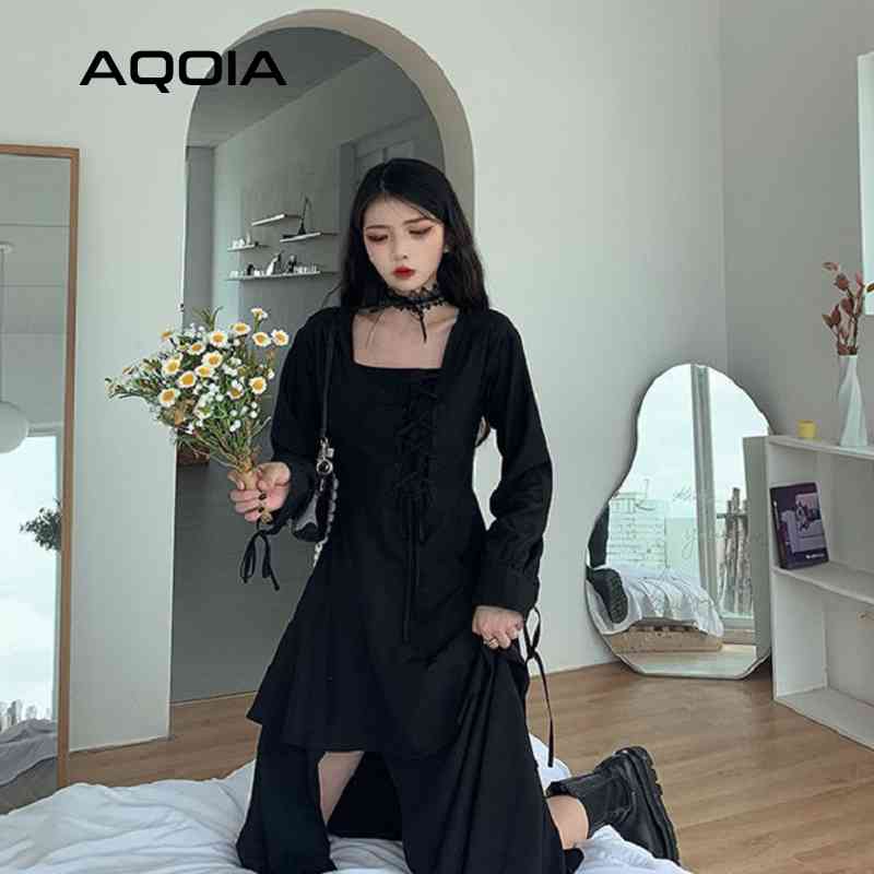 Summer Gothic Black Bandage Women Dress Street Style Long Sleeve Cascading Ruffle Double Layer Lolita Ladies Dresses 210521