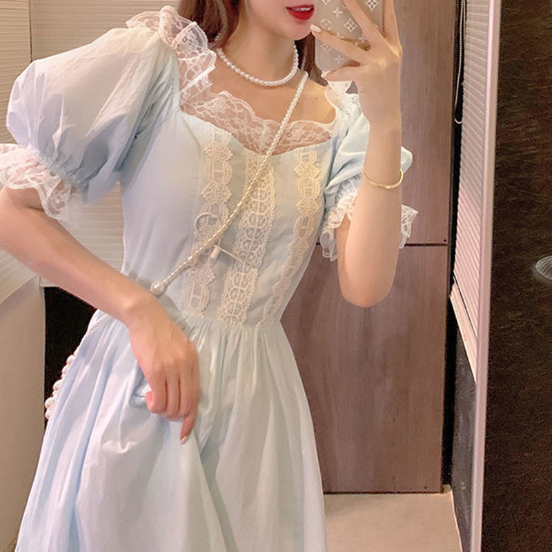 Kawaii Vintage Dress Women Puff Sleeve Lace Elegant Dress Evening Party Fairy Dress for Females Korean Style Summer Casual 210521