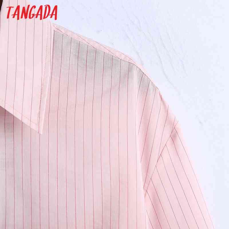 Women Pink Striped Shirts Long Sleeve Turn Down Collar Elegant Office Ladies Work Wear Blouses 6Z70 210416