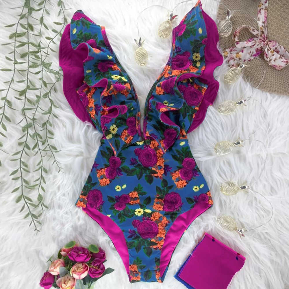 Sexy Ruffle Print Floral Swimsuit Off The Shoulder Swimwear Women Solid Deep-V Beachwear Bathing Suit Monkini 210702