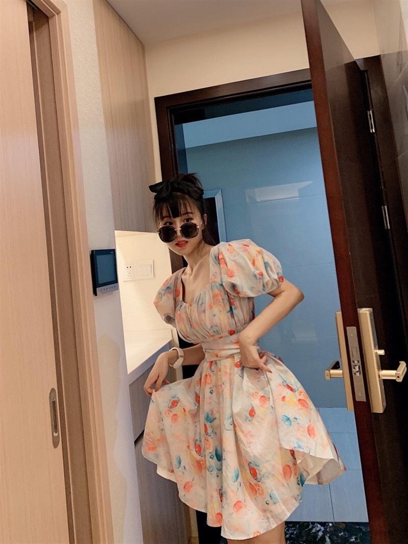 fashion young girl printed mini dress high waist puff sleeve vintage Victorian style French dresses retro sweet 210421