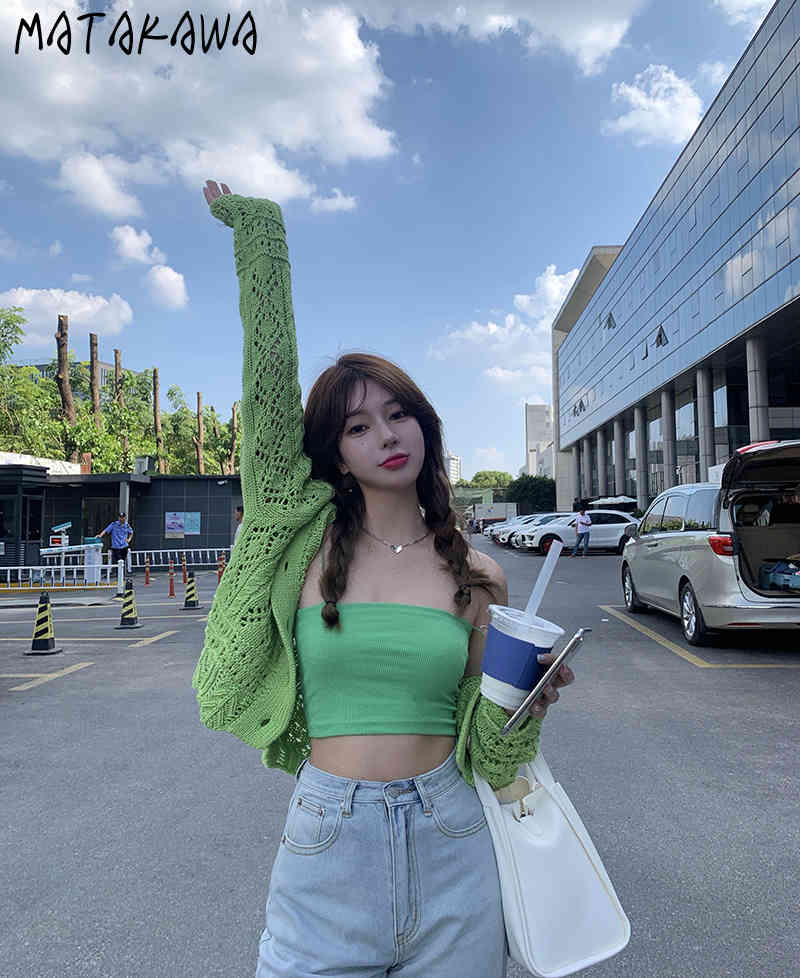 MATAKAWA 2 Piece Set Women Green Hollow Out Knitted Cardigan Spring Cropped Camisole Short Tops Long Sleeve Camis Ribbed Suit 210513