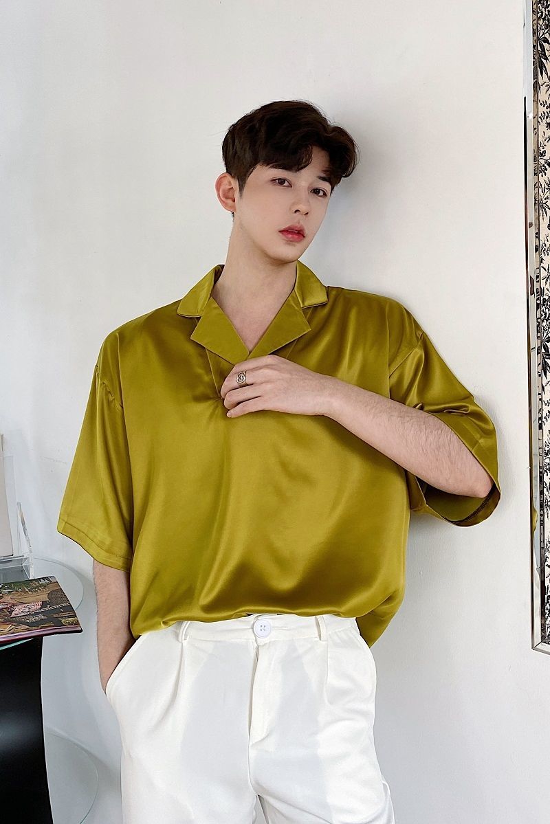 IEFB /men's wear Personalized fashion satin loose comfortable pullover shirt short sleeve korean tops male summer Y2573 210524