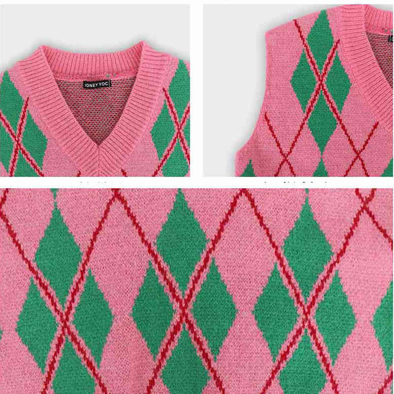 Spring Autumn Loose Knitted Sweater Vest Women Pink Green Plaid Sleeveless Waistcoat Female Korean Style Tops 210421