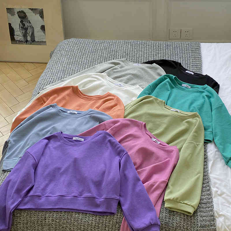 9 colors autumn korean style Women Sweatshirts soild candy color short Sweatshirt Womens pullovers (F4097) 210423
