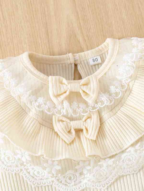 Baby Embroidery Mesh Ruffle Trim Bow Front Romper SHE