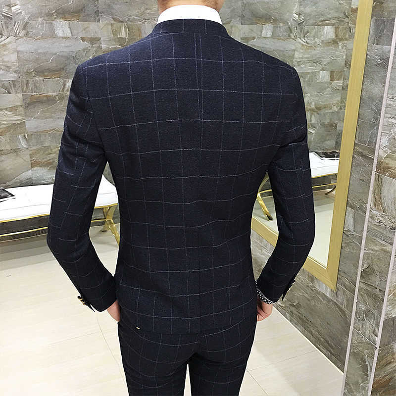 Classic Men Plaid Suits Size S-3XL Slim Fit Men Blazer Jacket and Pants, Black, Navy, Mens Wedding Suits High Quality X0909